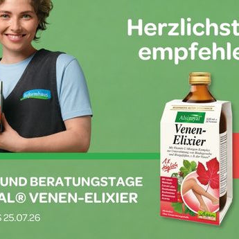 Herzlichst zu empfehlen: Probieren Sie vom 20. bis 25 Juli in allen teilnehmenden Reformhäusern das pflanzliche Venen-Elixier von Alsiroyal®
