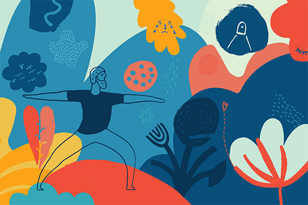 Bunte Illustration: Mann in Yoga-Pose als Symbolbild für Achtsamkeit und mentale Männergesundheit