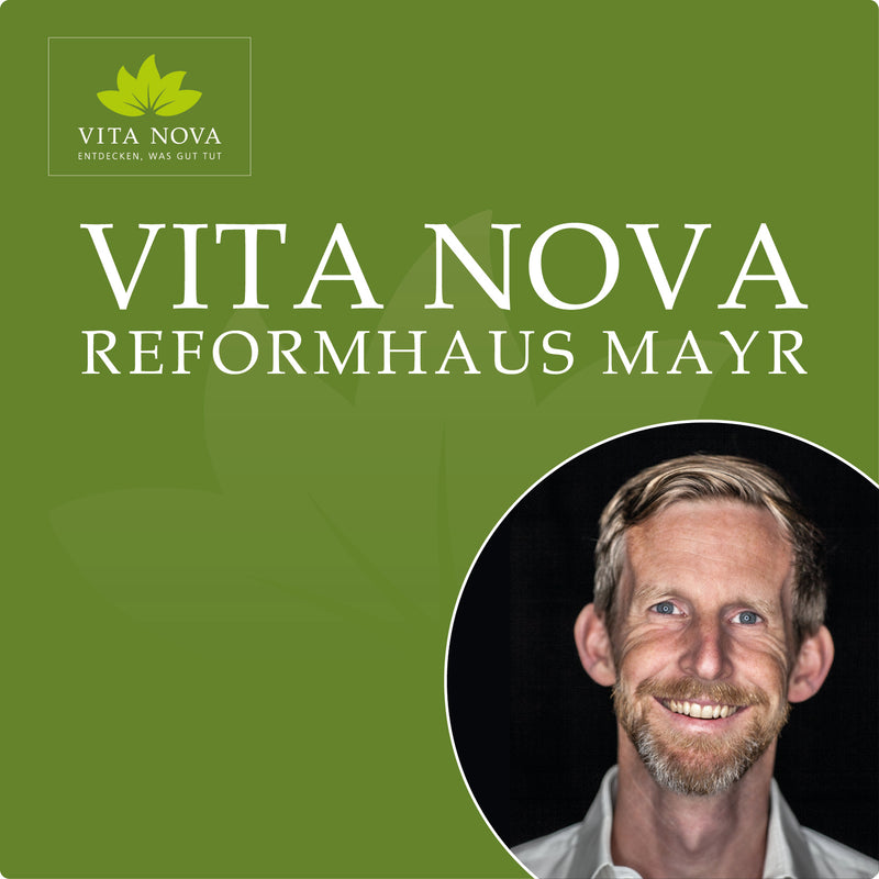 Vita Nova Reformhaus Mayr Banner in der Ecke ein Portraitfoto vom Inhaber Michael Mayr